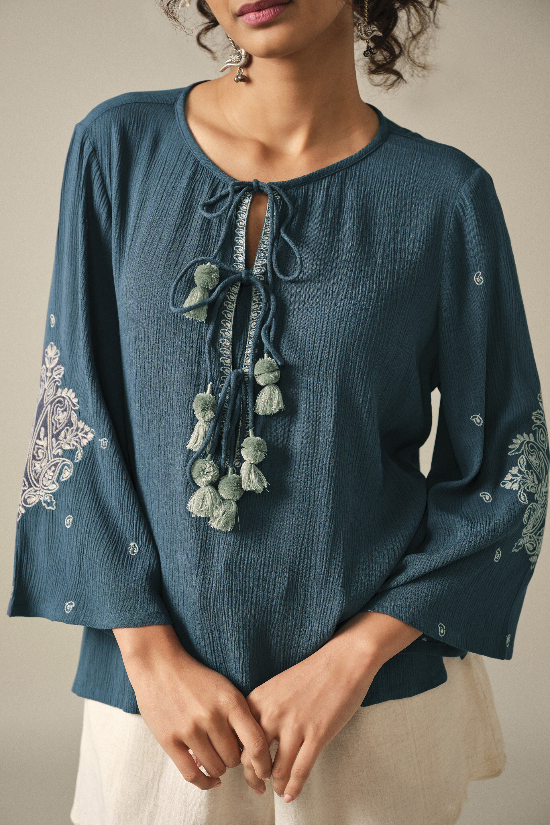 Embroidery Bell Sleeves Top in Indigo, Indigo, image 2